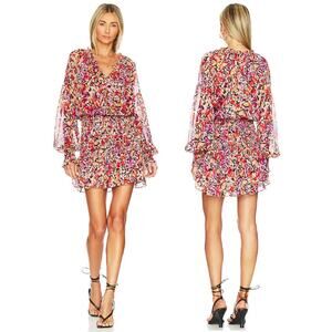 MISA Los Angeles Celina V-Neck Smocked Waist Mini Dress Fire Flora Women's XS